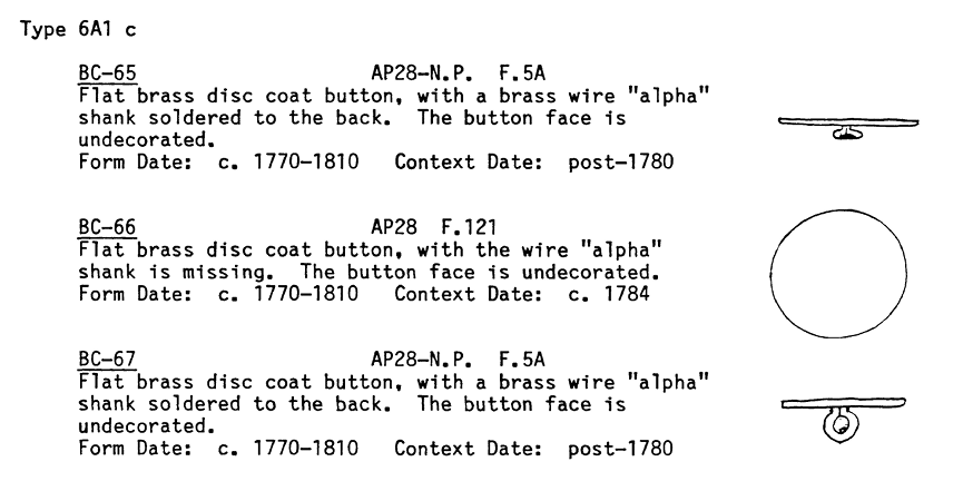 A typology diagram of flat brass disc coat buttons with alpha-wire shanks