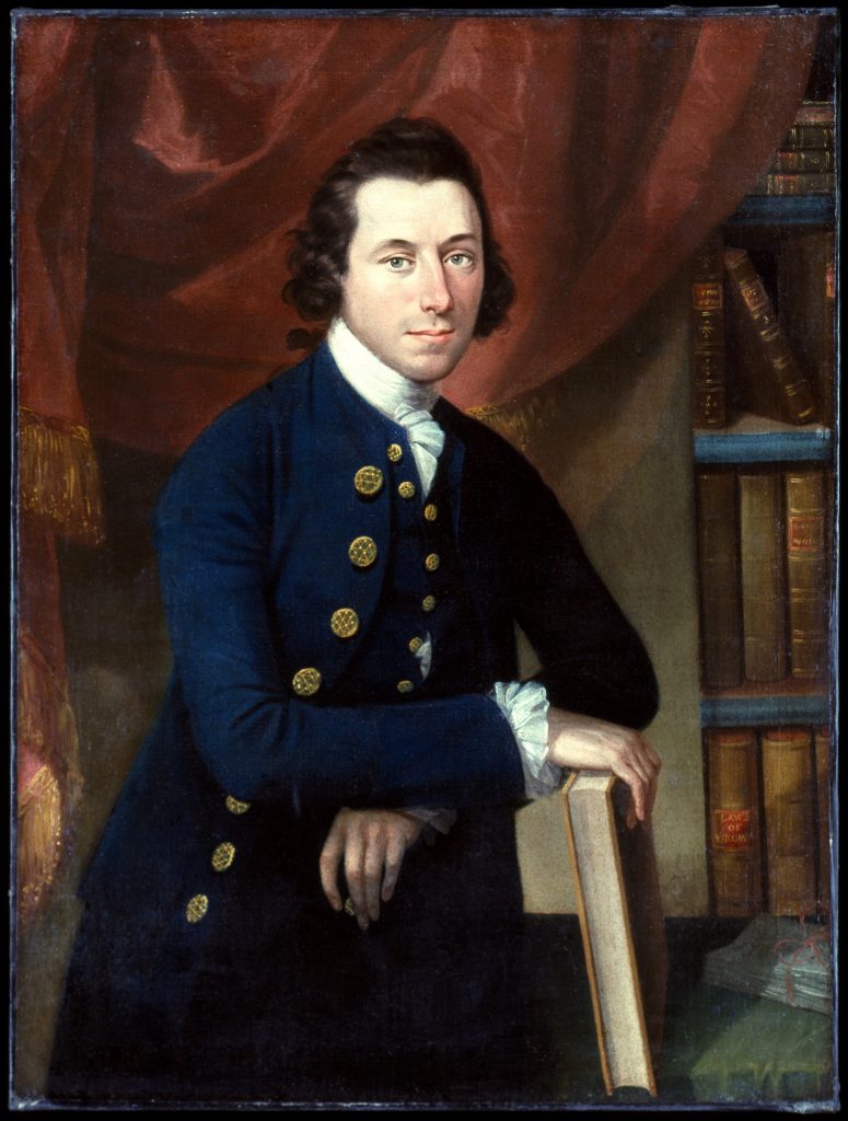A painted portrait of a man in a blue frock coat with large gold buttons
